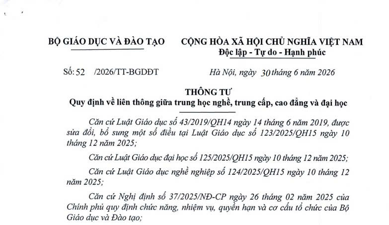 Đã có Thông tư 52/2026/TT-BGDĐT liên thông giữa trung học nghề, trung cấp, cao đẳng và đại học 