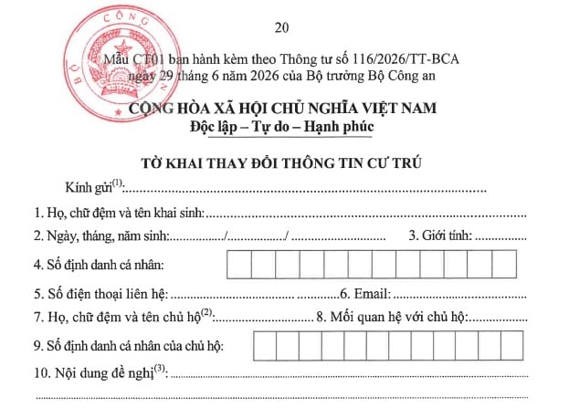 Mẫu CT01 Mẫu tờ khai thay đổi thông tin cư trú theo Thông tư 116 mới nhất