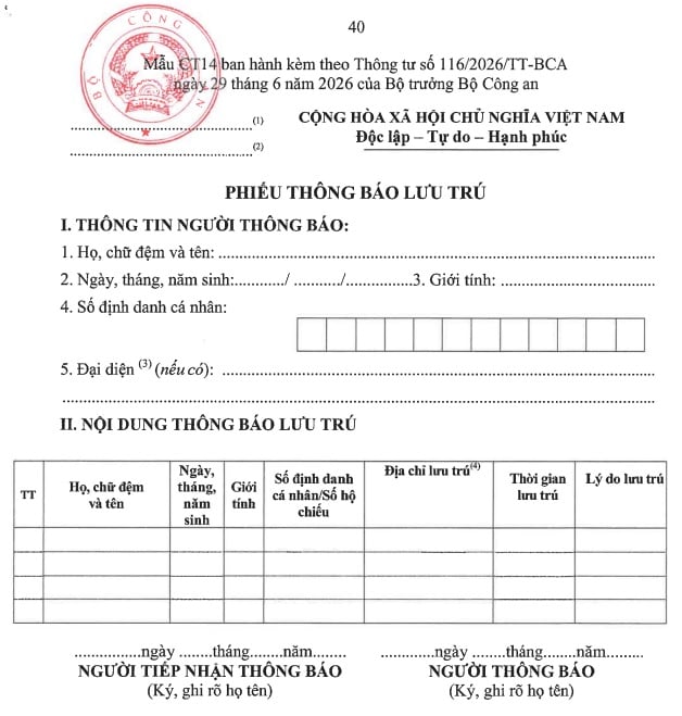 Mẫu CT14 Mẫu phiếu Thông báo lưu trú theo Thông tư 116 mới nhất