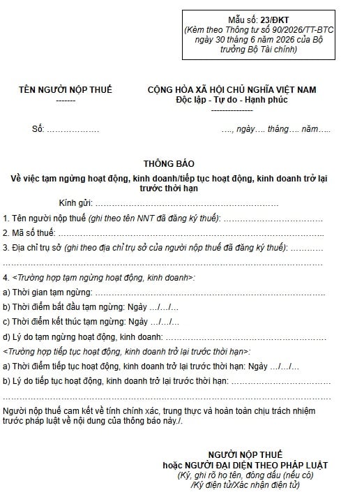 Mẫu số 23/ĐKT mẫu thông báo tạm ngừng hoạt động kinh doanh theo Thông tư 90