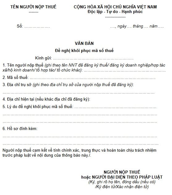 Mẫu số 25/ĐKT mẫu văn bản đề nghị khôi phục mã số thuế theo Thông tư 90