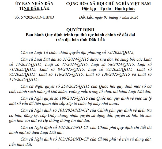 Đã có Quyết định 57/2026/QĐ-UBND thủ tục đất đai tỉnh Đắk Lắk