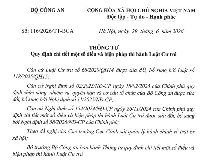 Toàn văn Thông tư 116/2026/TT-BCA hướng dẫn Luật Cư trú mới nhất