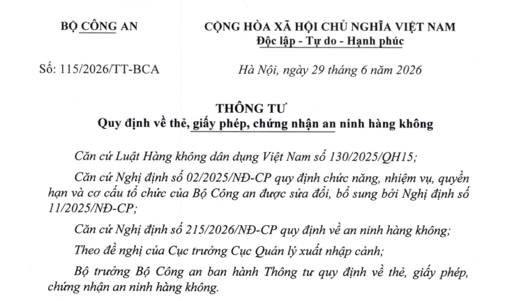Đã có Thông tư 115/2026/TT-BCA về thẻ, giấy phép, chứng nhận an ninh hàng không