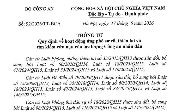 Đã có Thông tư 92/2026/TT-BCA về ứng phó sự cố thiên tai và tìm kiếm cứu nạn của Công an nhân dân
