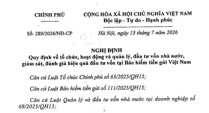 Đã có Nghị định 280/2026/NĐ-CР về Bảo hiểm tiền gửi Việt Nam