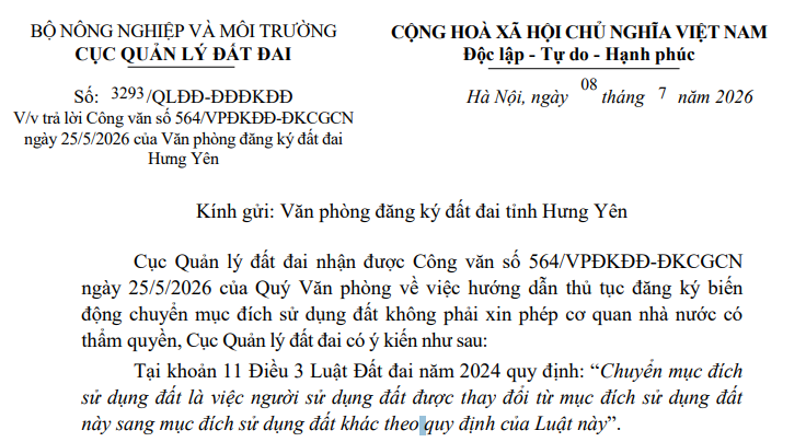 Công văn 3293 về đăng ký biến động chuyển mục đích sử dụng đất không phải xin phép cơ quan có thẩm quyền