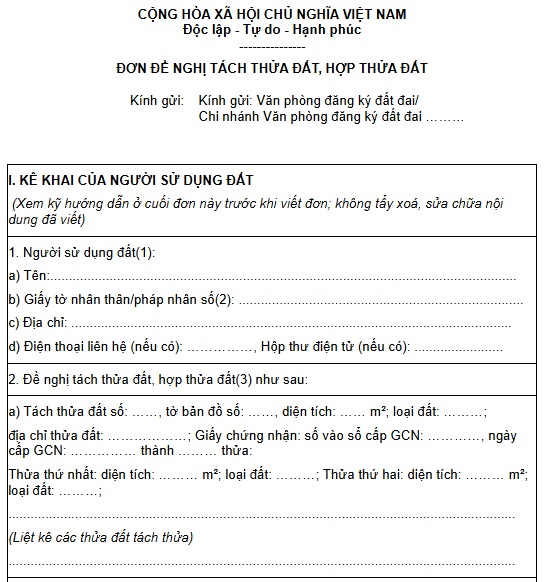 Mẫu đơn đề nghị tách thửa đất hợp thửa đất tại TPHCM năm 2026