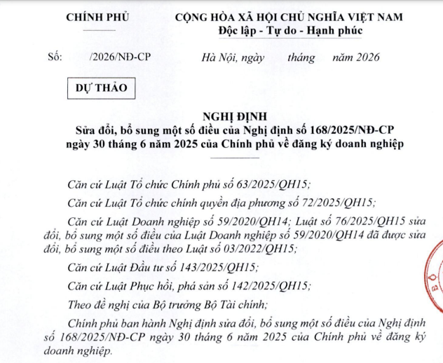 Dự thảo Nghị định sửa đổi Nghị định về đăng ký doanh nghiệp