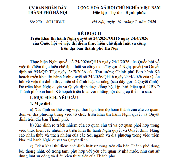 Kế hoạch 270/KH-UBND thí điểm chế định luật sư công tại Hà nội (hình ảnh từ Internet)