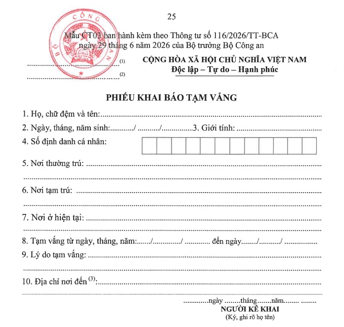 Mẫu CT03 Mẫu phiếu khai báo tạm vắng theo Thông tư 116 mới nhất