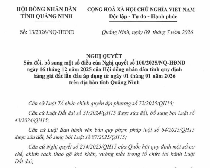 Đã có Nghị quyết 13/2026/NQ-HĐND sửa đổi bảng giá đất tỉnh Quảng Ninh