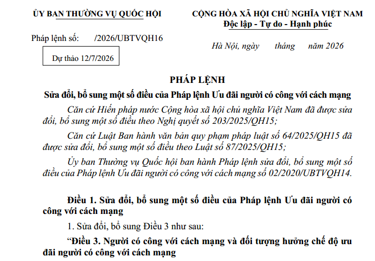 Dự thảo Pháp lệnh sửa đổi Pháp lệnh Ưu đãi người có công với cách mạng