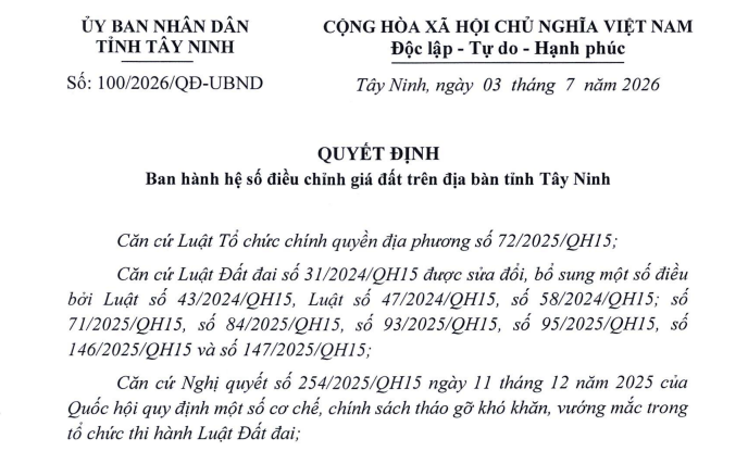Hệ số điều chỉnh giá đất tỉnh Tây Ninh năm 2026 (Quyết định 100/2026/QĐ-UBND)