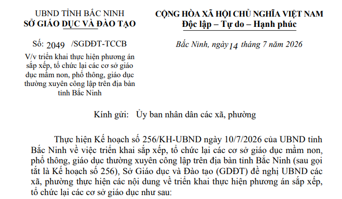 Phương án sáp nhập trường học năm 2026 tại Bắc Ninh