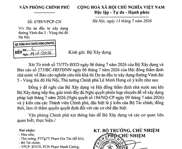 Công văn 6789/VPCP-CN Dự án đầu tư xây dựng đường Vành đai 5 - Vùng thủ đô Hà Nội (Hình ảnh từ Internet)