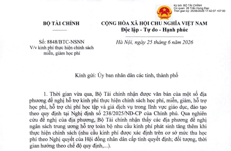 Công văn 8848/BTC-NSNN: Hướng dẫn kinh phí thực hiện chính sách miễn giảm học phí
