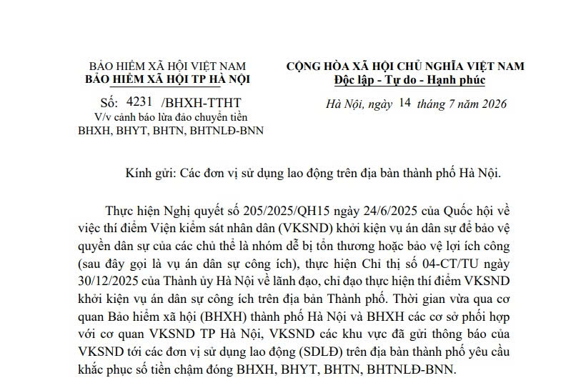 Công văn 4231: Cảnh báo lừa đảo chuyển tiền BHXH BHYT BHTN và BHTNLĐ-BNN (BHXH Hà Nội)