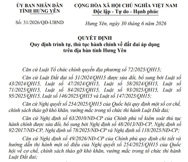 Đã có Quyết định 31/2026/QĐ-UBND thủ tục đất đai tỉnh Hưng Yên