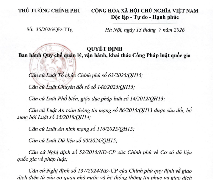 Quyết định 35/2026/QĐ-TTg về Quy chế quản lý Cổng Pháp luật quốc gia (hình ảnh từ internet)