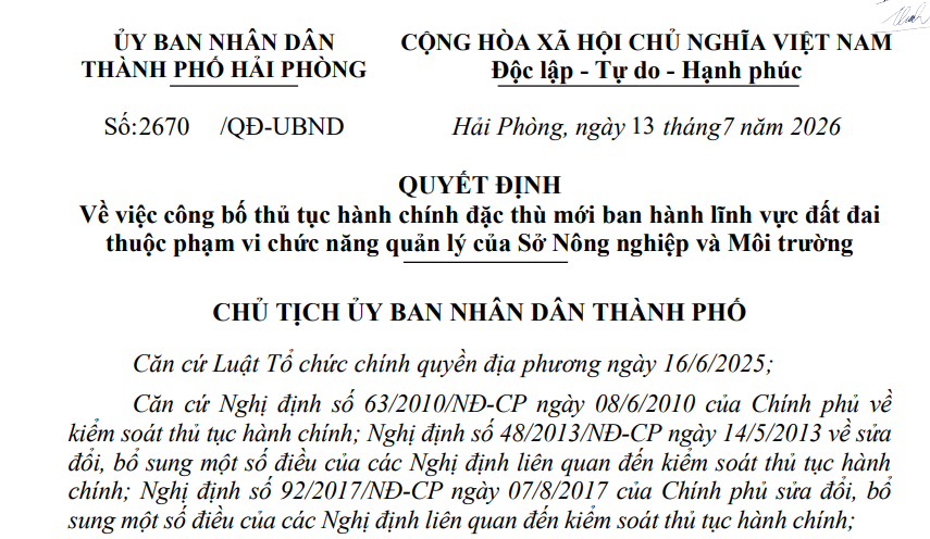 Đã có Quyết định 2670/QĐ-UBND 2026 thủ tục đất đai đặc thù tại Hải Phòng