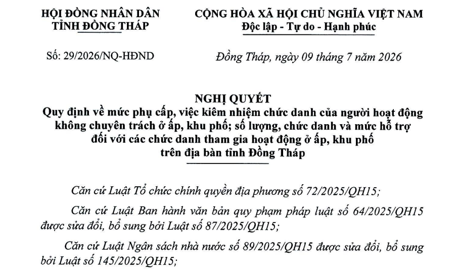 Mức phụ cấp đối với người hoạt động không chuyên trách ở ấp khu phố tại Đồng Tháp (Nghị quyết 29/2026/NQ-HĐND)