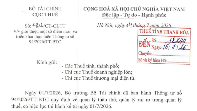 Công văn 4812/CT-CS giới thiệu điểm mới Thông tư 94 quản lý rủi ro trong quản lý thuế