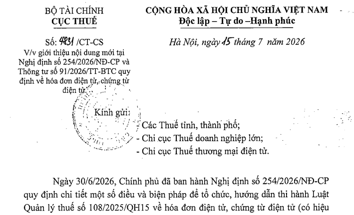 Đã có Công văn 4831/CT-CS giới thiệu điểm mới Nghị định 254 và Thông tư 91 về hoá đơn điện tử