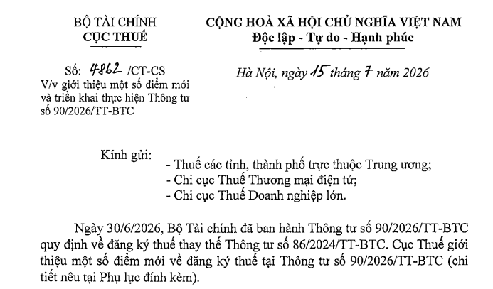 Đã có Công văn 4862/CT-CS giới thiệu điểm mới Thông tư 90/2026/TT-BTC về đăng ký thuế