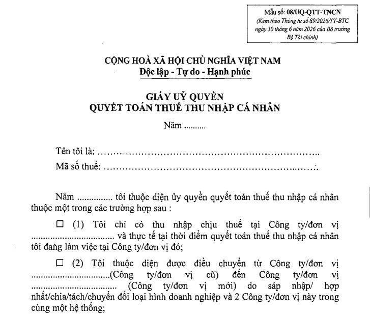 Thông tư 89: Mẫu Giấy ủy quyền quyết toán thuế TNCN mới nhất (Mẫu 08/UQ-QTТ-TNCN)