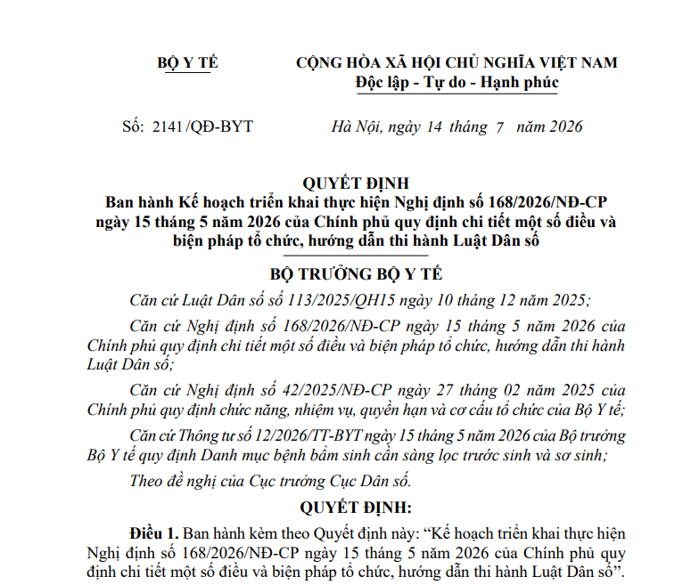 Kế hoạch triển khai, hướng dẫn thi hành Luật Dân số (Quyết định 2141/QĐ-BYT) (Hình ảnh từ internet)