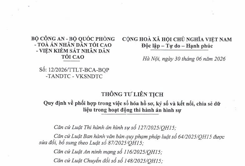 Đã có Thông tư liên tịch 12/2026 về số hóa hồ sơ thi hành án hình sự