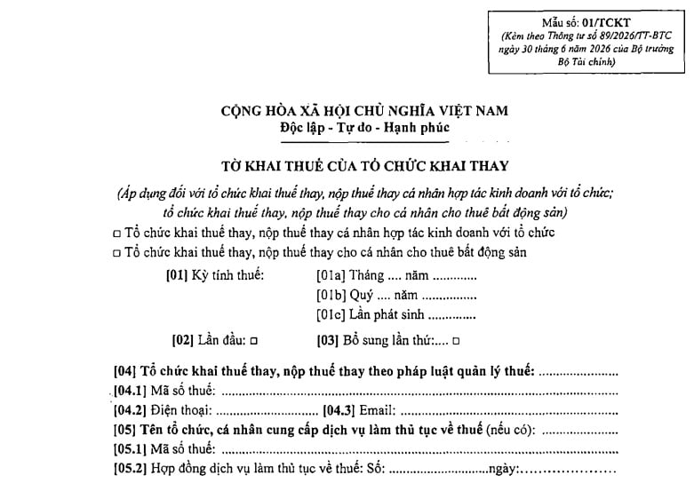 Mẫu số 01/TCKT Tờ khai thuế của tổ chức khai thay theo Thông tư 89 mới nhất