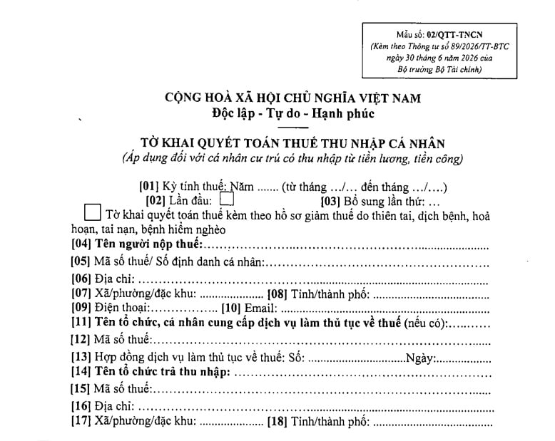 Mẫu số 02/QTT-TNCN tờ khai quyết toán thuế TNCN theo Thông tư 89 mới nhất