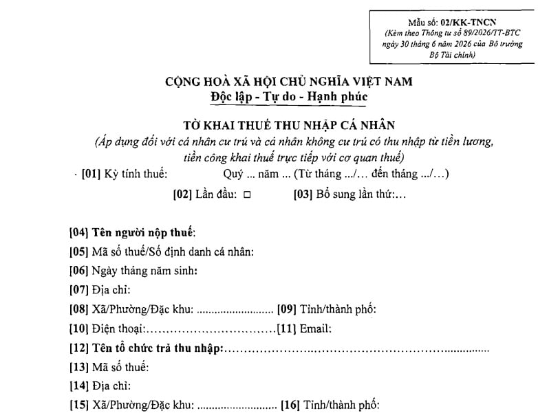 Mẫu số 02/KK-TNCN tờ khai thuế TNCN theo Thông tư 89 mới nhất