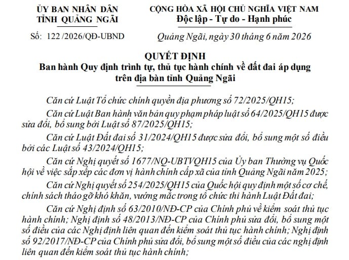 Đã có Quyết định 122/2026/QĐ-UBND thủ tục đất đai tỉnh Quảng Ngãi