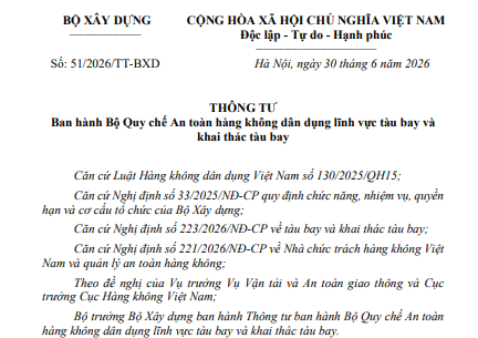 Toàn văn Thông tư 51/2026/TT-BXD về Bộ Quy chế An toàn hàng không dân dụng