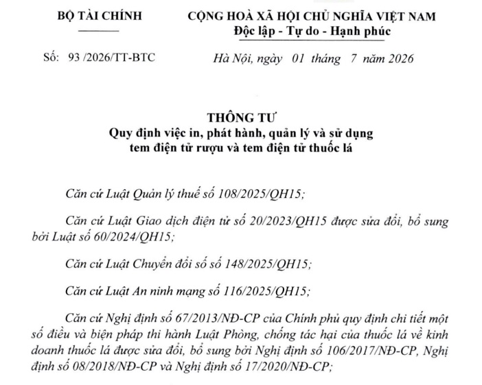 Đã có Thông tư 93/2026/TT-BTC về quản lý tem điện tử rượu và tem điện tử thuốc lá