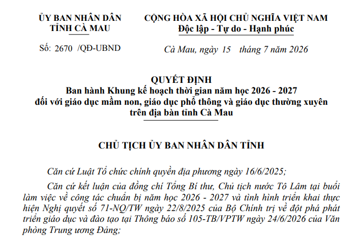 Chính thức có Khung kế hoạch thời gian năm học 2026-2027 tỉnh Cà Mau