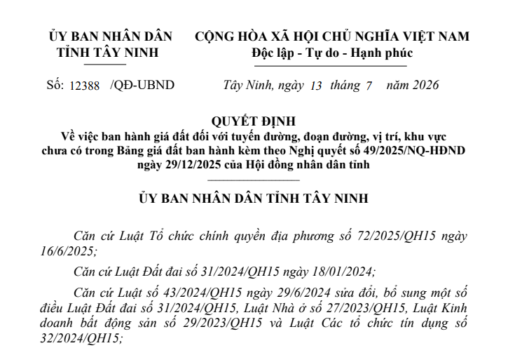 [Cập nhật] Bảng giá đất Tây Ninh từ 13/7/2026 theo Quyết định 12388/QĐ-UBND