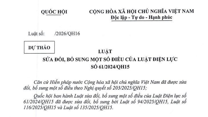 Cập nhật mới dự thảo Luật sửa đổi Luật Điện lực năm 2026