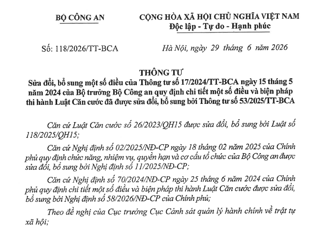 Đã có Thông tư 118/2026/TT-BCA sửa đổi Thông tư 17/2024/TT-BCA hướng dẫn Luật Căn cước