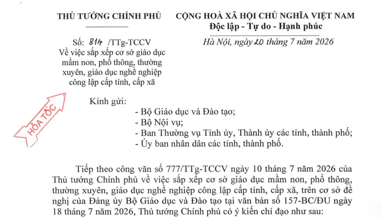 Toàn văn Công văn 824/TTg-TCCV sáp nhập trường học công lập cấp tỉnh cấp xã