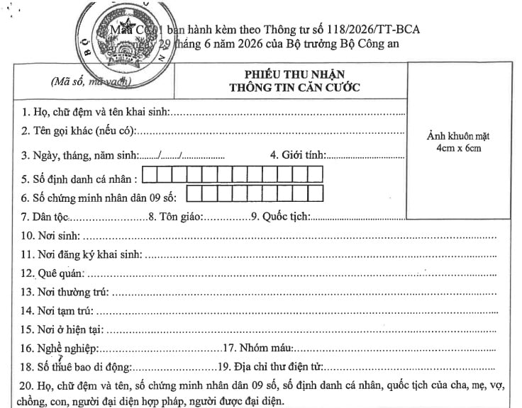 Mẫu CC01 Phiếu thu nhận thông tin căn cước theo Thông tư 118 mới nhất