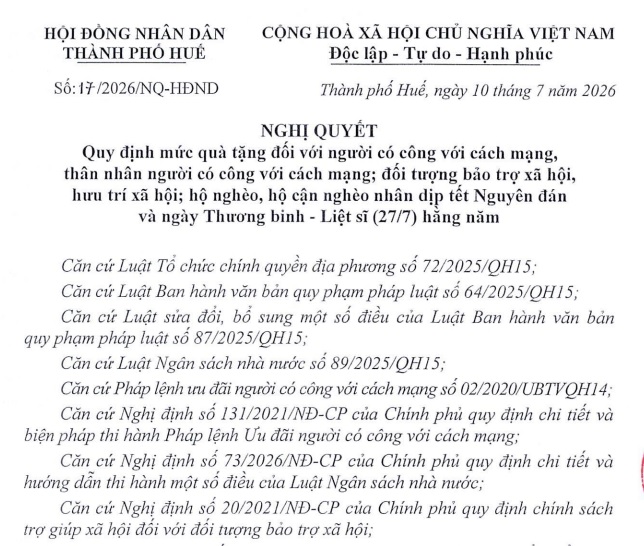 Mức quà tặng người có công tại Huế năm 2026