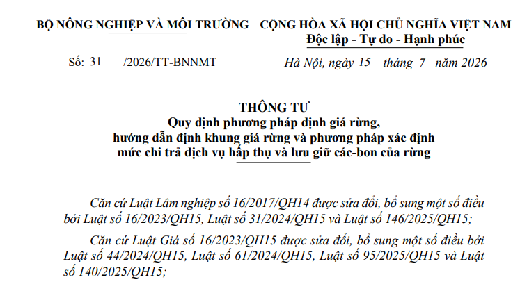 Đã có Thông tư 31/2026/TT-BNNMT về định giá rừng và chi trả dịch vụ các-bon
