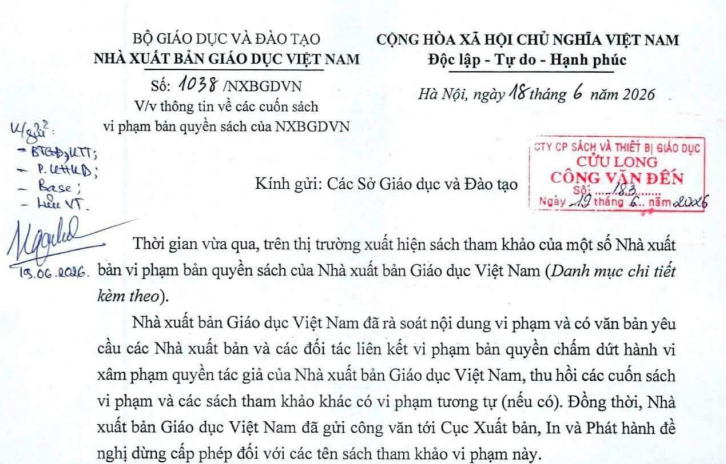 Công văn 1038/NXBBGDVN thông tin 10 cuốn sách vi phạm bản quyền