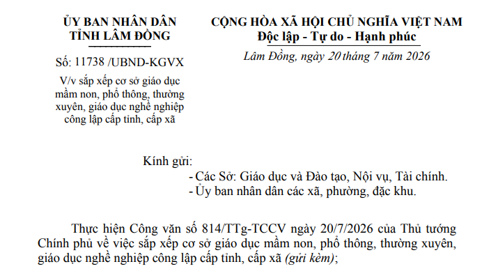 Công văn 11738 sáp nhập trường học công lập cấp tỉnh, cấp xã tại Lâm Đồng