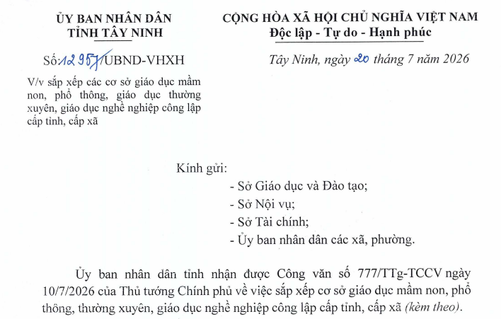 Công văn 12957 sáp nhập trường học công lập cấp tỉnh, cấp xã tại Tây Ninh