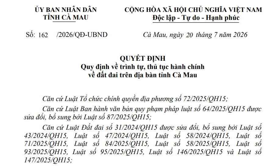 Đã có Quyết định 162/2026/QĐ-UBND thủ tục hành chính đất đai tại Cà Mau